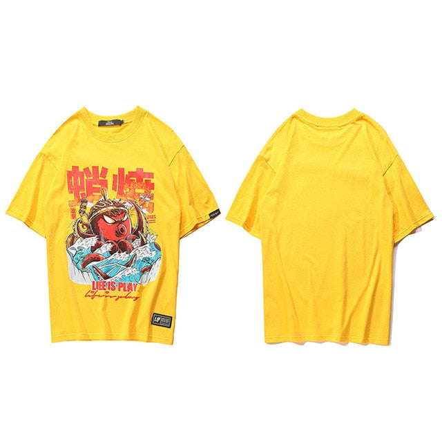 Hip Hop T Shirt Streetwear Oversized Funny Octopus Men Harajuku T-Shirt Japanese Style Summer Tops Tees Cotton Tshirt Black | Vimost Shop.