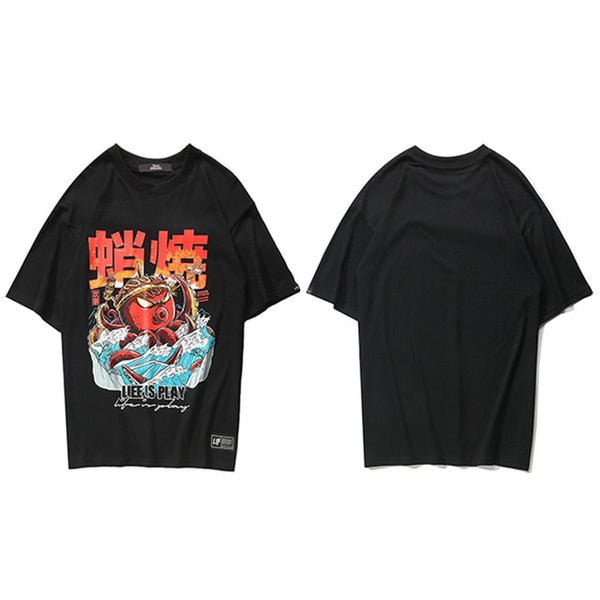 Hip Hop T Shirt Streetwear Oversized Funny Octopus Men Harajuku T-Shirt Japanese Style Summer Tops Tees Cotton Tshirt Black | Vimost Shop.