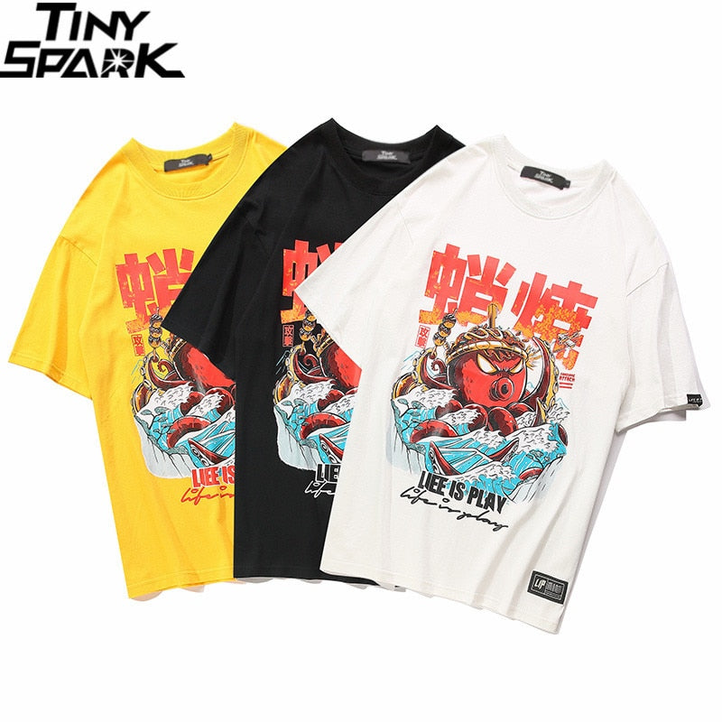 Hip Hop T Shirt Streetwear Oversized Funny Octopus Men Harajuku T-Shirt Japanese Style Summer Tops Tees Cotton Tshirt Black | Vimost Shop.