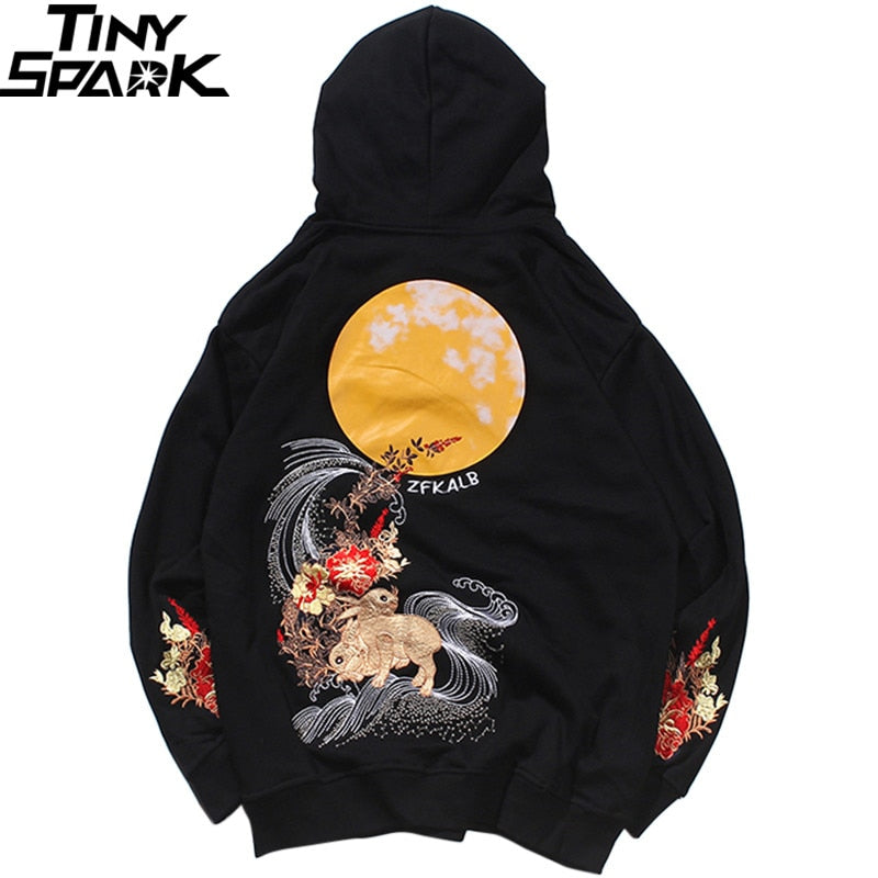 Hip Hop Hoodie Sweatshirt Embroidered Floral Full Moon Rabbit Harajuku Streetwear Hoodie Pullover Cotton Autumn Hipster | Vimost Shop.