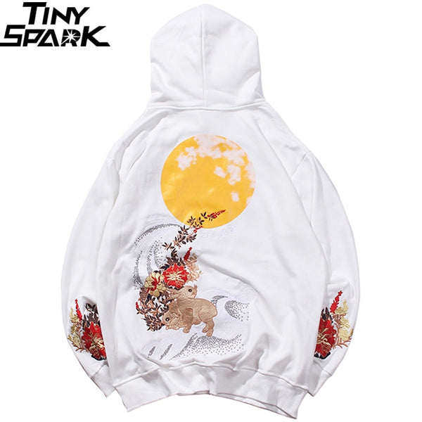 Hip Hop Hoodie Sweatshirt Embroidered Floral Full Moon Rabbit Harajuku Streetwear Hoodie Pullover Cotton Autumn Hipster | Vimost Shop.
