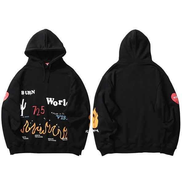 Harajuku Hoodie Sweatshirt Men Streetwear Fire Flame Graffiti Hip Hop Hoodie Pullover Cotton Fleece Winter Sweatshirt Black | Vimost Shop.