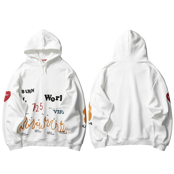 Harajuku Hoodie Sweatshirt Men Streetwear Fire Flame Graffiti Hip Hop Hoodie Pullover Cotton Fleece Winter Sweatshirt Black | Vimost Shop.