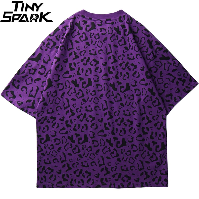 Hip Hop Streetwear Oversize T Shirt Leopard Print Harajuku Tshirt Summer Short Sleeve Tops Tee Cotton Purple Loose T-Shirt | Vimost Shop.