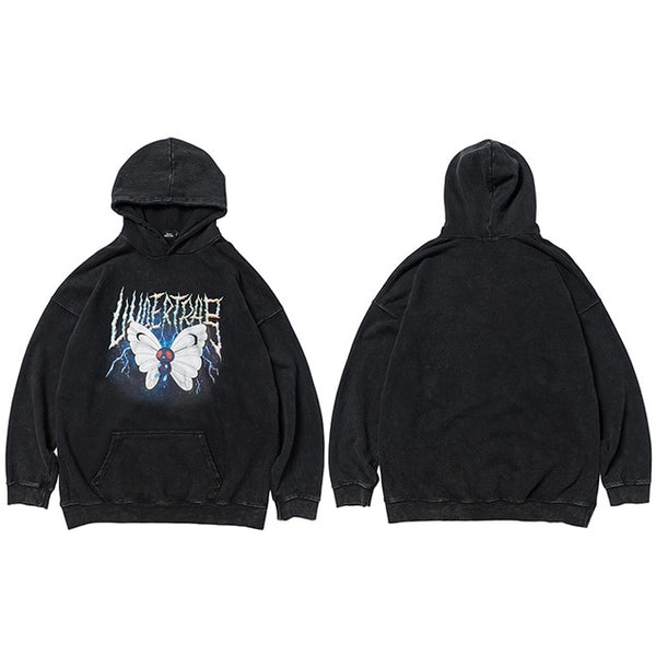 Men Hip Hop Hoodie Sweatshirt Lightning Butterfly Streetwear Hoodie Retro Vintage Washed Black Hooded Pullover Harajuku | Vimost Shop.