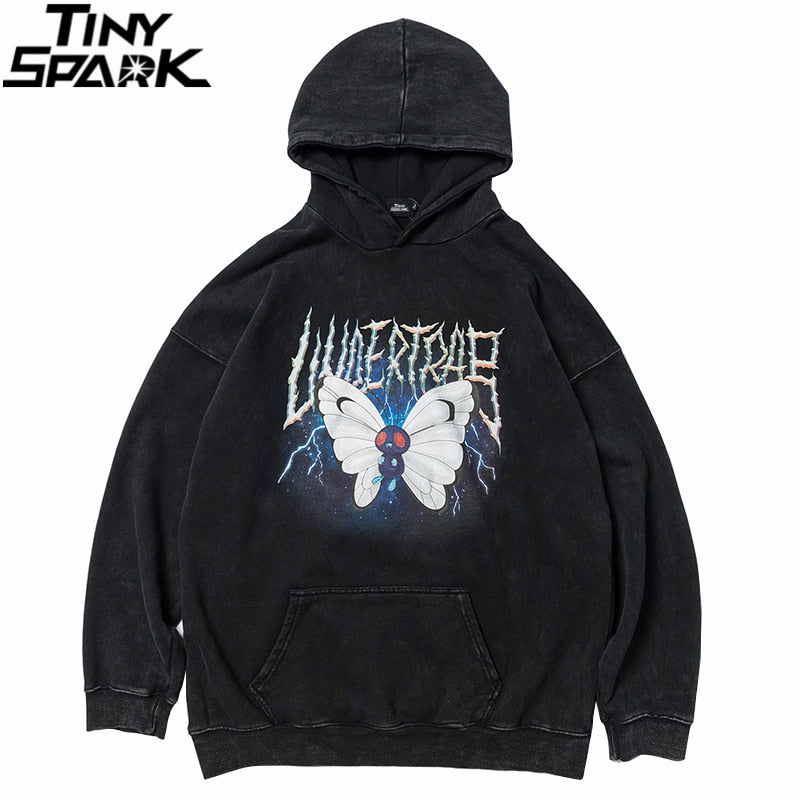 Men Hip Hop Hoodie Sweatshirt Lightning Butterfly Streetwear Hoodie Retro Vintage Washed Black Hooded Pullover Harajuku | Vimost Shop.