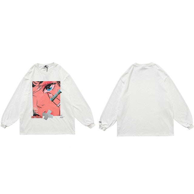 Men Hip Hop Oversized T Shirt Long Sleeve Streetwear Japanese Anime Girl Tshirt Harajuku Cartoon Tops Tees Cotton Loose | Vimost Shop.