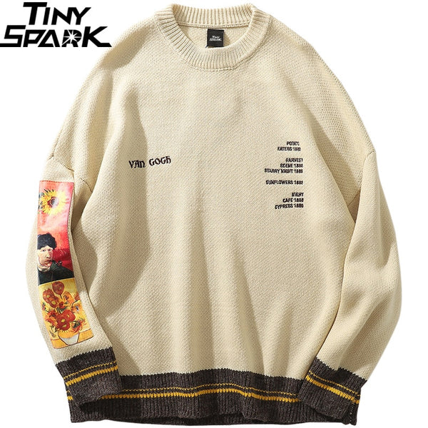 Men Hip Hop Sweater Pullover Streetwear Van Gogh Painting Embroidery Knitted Sweater Retro Vintage Autumn Sweaters Cotton | Vimost Shop.