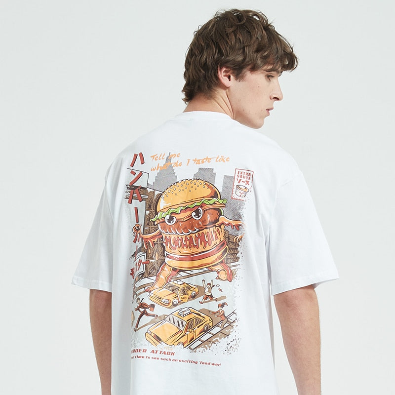 Men Hip Hop T Shirt Hamburger Monster Attack Japanese Harajuku Funny T-Shirt Streetwear Summer Tshirt Cotton Tops Tees New | Vimost Shop.