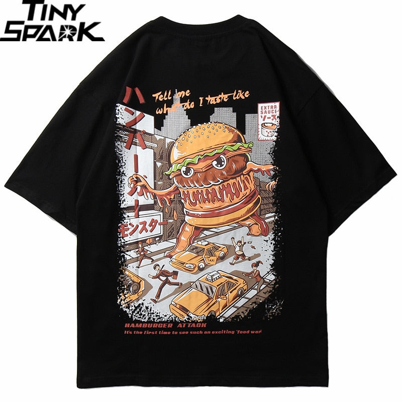 Men Hip Hop T Shirt Hamburger Monster Attack Japanese Harajuku Funny T-Shirt Streetwear Summer Tshirt Cotton Tops Tees New | Vimost Shop.