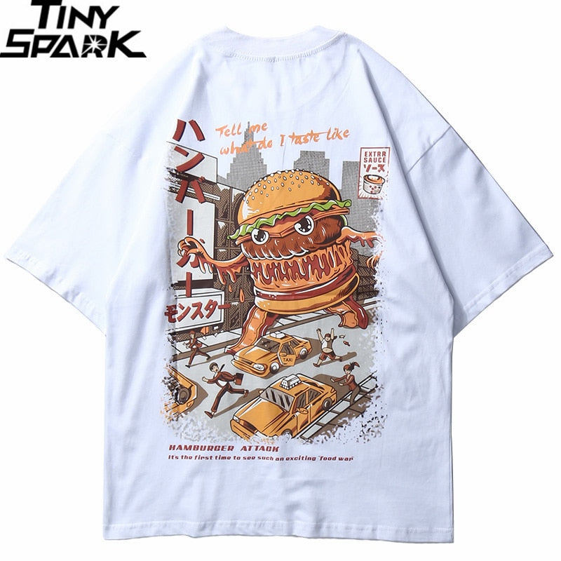 Men Hip Hop T Shirt Hamburger Monster Attack Japanese Harajuku Funny T-Shirt Streetwear Summer Tshirt Cotton Tops Tees New | Vimost Shop.