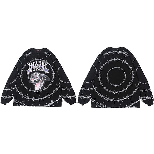 Men Hip Hop T Shirt Streetwear Angry Dog Print Harajuku Tshirt Loose HipHop Oversize T-shirt Long Sleeve Tops Tees Cotton | Vimost Shop.