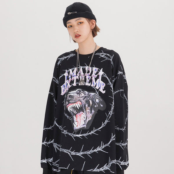 Men Hip Hop T Shirt Streetwear Angry Dog Print Harajuku Tshirt Loose HipHop Oversize T-shirt Long Sleeve Tops Tees Cotton | Vimost Shop.