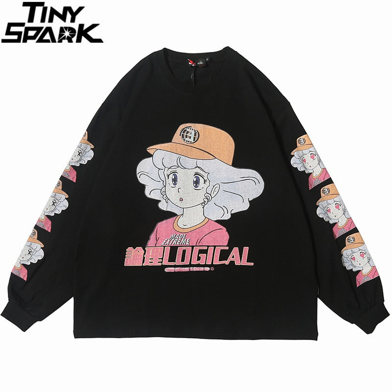 Men Hip Hop T Shirt Streetwear Cartoon Girl Print Harajuku Tshirt HipHop Oversize T-shirt Anime Cotton Tops Tee Long Sleeve | Vimost Shop.