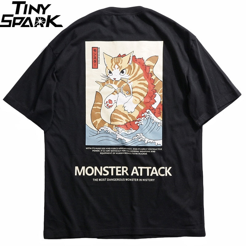 Men Hip Hop T Shirt Streetwear Monster Cat T-Shirts Harajuku Japan Style Funny Tshirt Summer Short Sleeve Cotton Tops Tees | Vimost Shop.