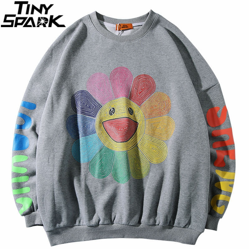 Mens Hip Hop Sweatshirt Pullover Rainbow Smiling Sunflower Streetwear Harajuku Pullover Cotton Hoodie Sweat Shirt Loose | Vimost Shop.