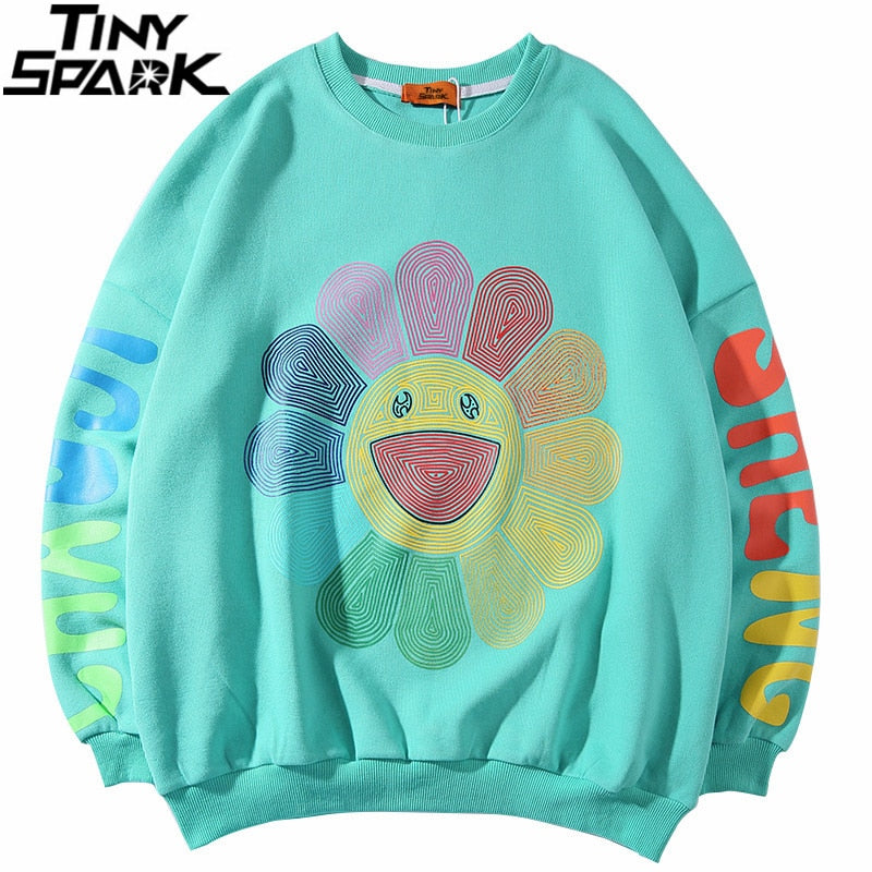 Mens Hip Hop Sweatshirt Pullover Rainbow Smiling Sunflower Streetwear Harajuku Pullover Cotton Hoodie Sweat Shirt Loose | Vimost Shop.