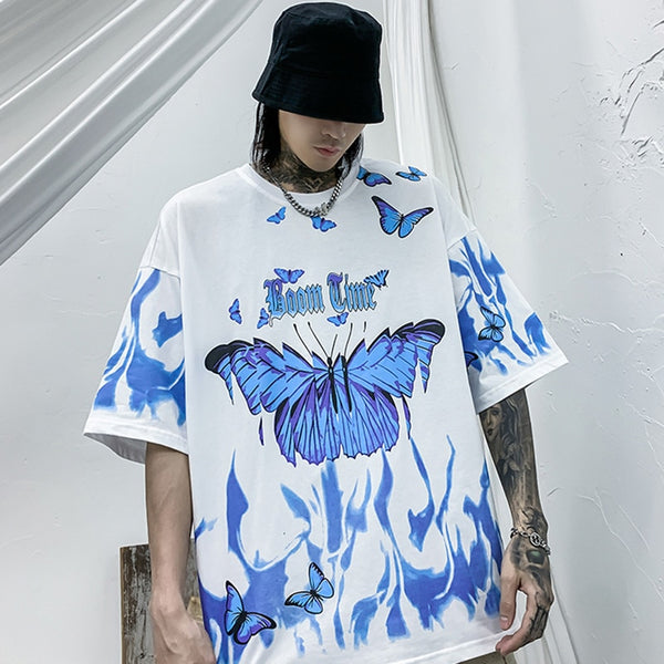 Mens Hip Hop T Shirts Blue Fire Flame Butterfly Streetwear Tshirt  Harajuku Summer Short Sleeve T-Shirt Cotton Tops Tees | Vimost Shop.