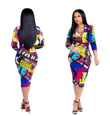 Women Autumn Winter Sexy  V Neck Long Sleeve Slim Elastic  printing Dress | Vimost Shop.