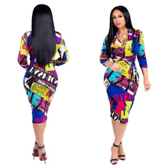 Women Autumn Winter Sexy  V Neck Long Sleeve Slim Elastic  printing Dress | Vimost Shop.