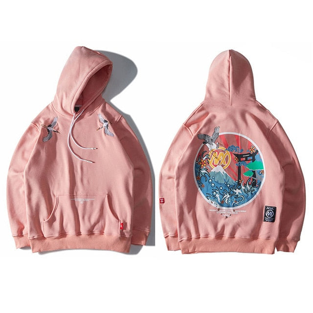 Harajuku Japanese Embroidered Cranes Fleece Velvet Hoodie Streetwear Men Hip Hop Pullover Sweatshirts Winter Hoodie Thicken | Vimost Shop.