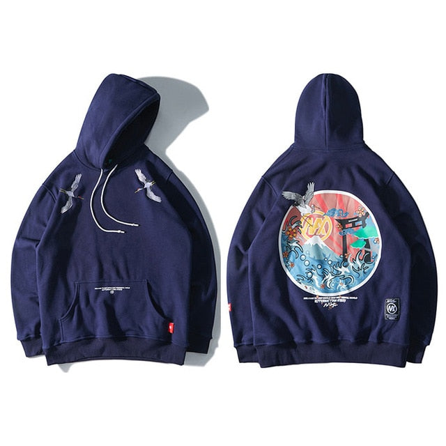 Harajuku Japanese Embroidered Cranes Fleece Velvet Hoodie Streetwear Men Hip Hop Pullover Sweatshirts Winter Hoodie Thicken | Vimost Shop.