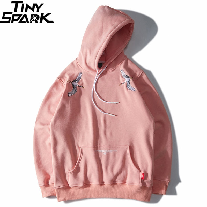 Harajuku Japanese Embroidered Cranes Fleece Velvet Hoodie Streetwear Men Hip Hop Pullover Sweatshirts Winter Hoodie Thicken | Vimost Shop.