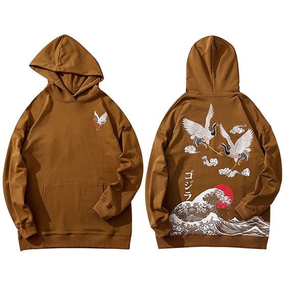 Hip Hop Hoodie Sweatshirt Men Streetwear Harajuku Japanese Kanji Crane Embroidery Hoodies Pullover Oversized Cotton Autumn | Vimost Shop.