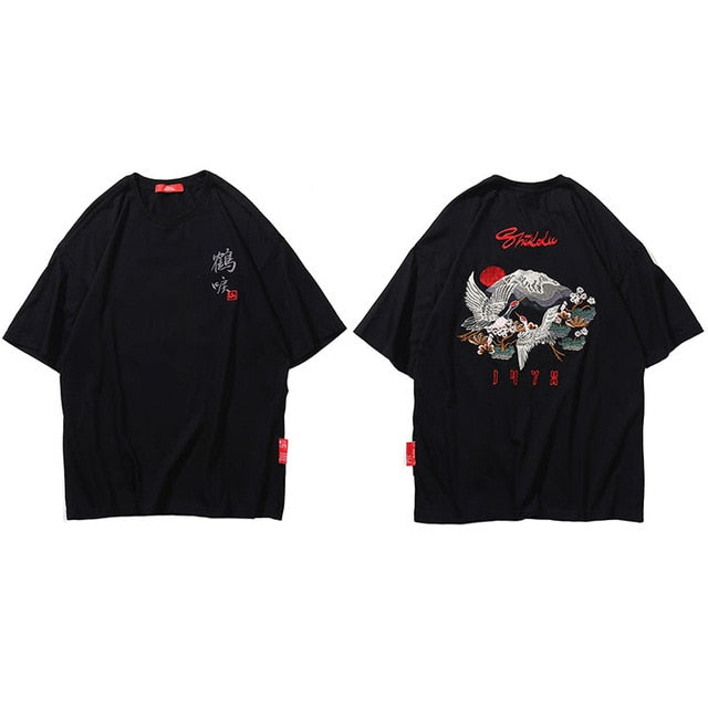 Hip Hop T Shirt Men  Harajuku Embroidery Crane T-Shirt Streetwear Japanese Style Fashion Kanji Tshirt Casual Tops Tees Black | Vimost Shop.