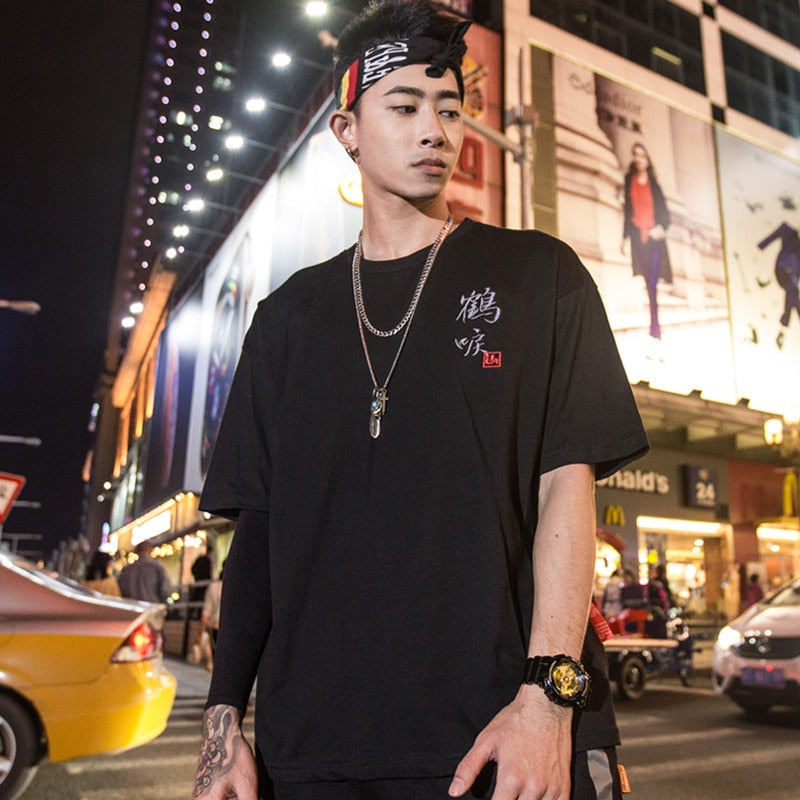 Hip Hop T Shirt Men  Harajuku Embroidery Crane T-Shirt Streetwear Japanese Style Fashion Kanji Tshirt Casual Tops Tees Black | Vimost Shop.