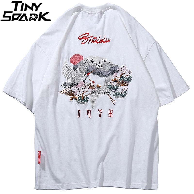 Hip Hop T Shirt Men  Harajuku Embroidery Crane T-Shirt Streetwear Japanese Style Fashion Kanji Tshirt Casual Tops Tees Black | Vimost Shop.