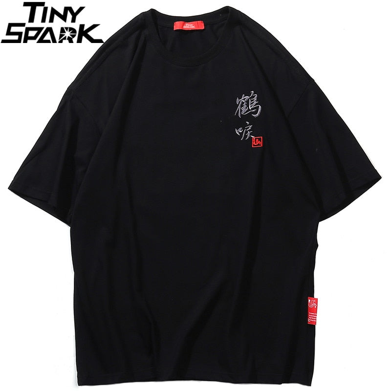Hip Hop T Shirt Men  Harajuku Embroidery Crane T-Shirt Streetwear Japanese Style Fashion Kanji Tshirt Casual Tops Tees Black | Vimost Shop.