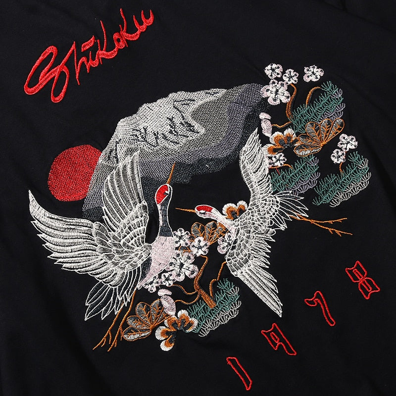 Hip Hop T Shirt Men  Harajuku Embroidery Crane T-Shirt Streetwear Japanese Style Fashion Kanji Tshirt Casual Tops Tees Black | Vimost Shop.