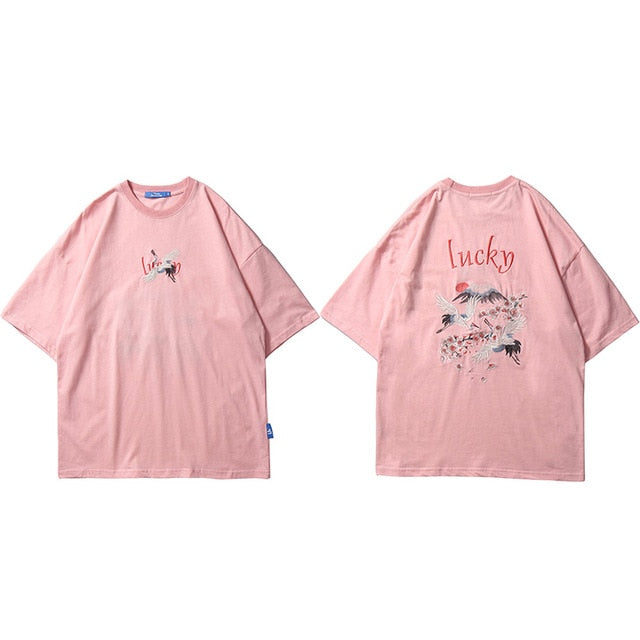 Hip Hop T Shirt Men Japanese Streetwear Embroidery Crane Sakura Lucky T-Shirt Japan Style Harajuku Tshirt Cotton Tops Tees | Vimost Shop.