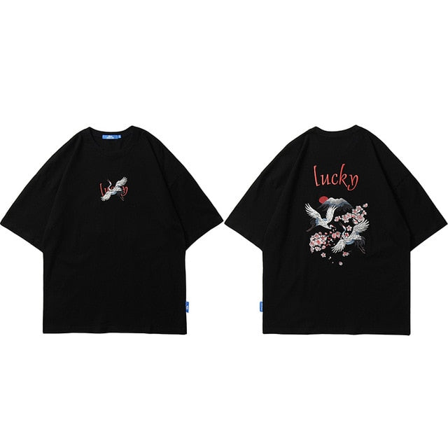 Hip Hop T Shirt Men Japanese Streetwear Embroidery Crane Sakura Lucky T-Shirt Japan Style Harajuku Tshirt Cotton Tops Tees | Vimost Shop.