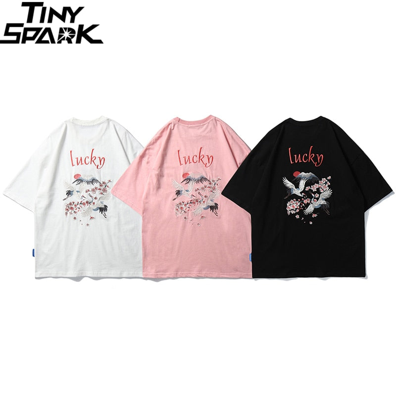 Hip Hop T Shirt Men Japanese Streetwear Embroidery Crane Sakura Lucky T-Shirt Japan Style Harajuku Tshirt Cotton Tops Tees | Vimost Shop.