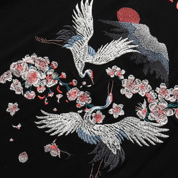 Hip Hop T Shirt Men Japanese Streetwear Embroidery Crane Sakura Lucky T-Shirt Japan Style Harajuku Tshirt Cotton Tops Tees | Vimost Shop.