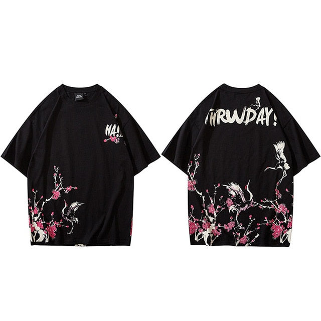 Japanese Sakura T Shirt Hip Hop Streetwear Men Harajuku Crane Tshirt Short Sleeve Summer Fashion Casual T-Shirt Cotton New | Vimost Shop.