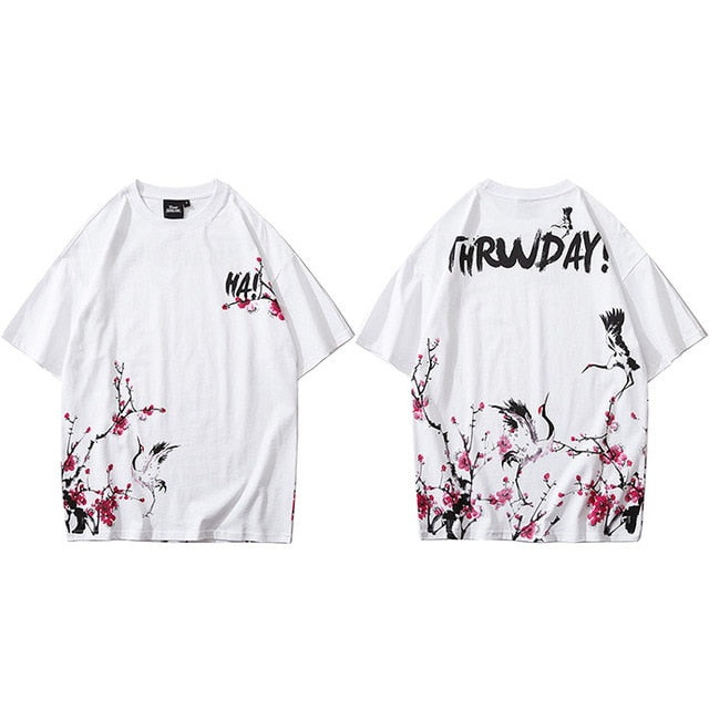 Japanese Sakura T Shirt Hip Hop Streetwear Men Harajuku Crane Tshirt Short Sleeve Summer Fashion Casual T-Shirt Cotton New | Vimost Shop.