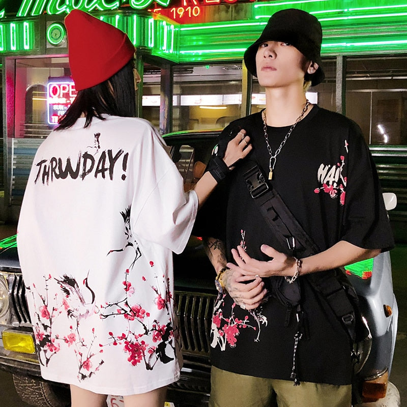 Japanese Sakura T Shirt Hip Hop Streetwear Men Harajuku Crane Tshirt Short Sleeve Summer Fashion Casual T-Shirt Cotton New | Vimost Shop.