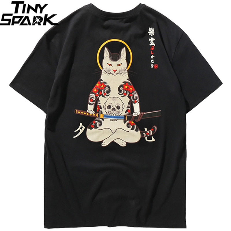 Men Harajuku T Shirt Japanese Ninja Cat Skull Tshirt Hip Hop Streetwear Ukiyoe Embroidery T-Shirts Summer Cotton Tops Tees | Vimost Shop.
