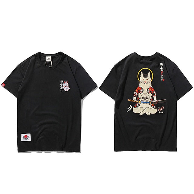Men Harajuku T Shirt Japanese Ninja Cat Skull Tshirt Hip Hop Streetwear Ukiyoe Embroidery T-Shirts Summer Cotton Tops Tees | Vimost Shop.