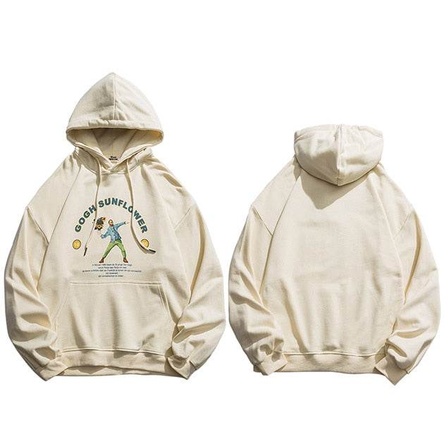 Men Hip Hop Funny Hoodie Sweatshirt Van Gogh Sunflower Harajuku Streetwear Hooded Pullover Cotton Autumn Retro Hoodie Beige | Vimost Shop.