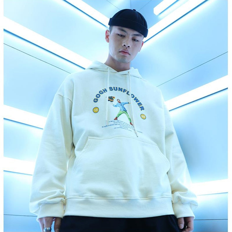 Men Hip Hop Funny Hoodie Sweatshirt Van Gogh Sunflower Harajuku Streetwear Hooded Pullover Cotton Autumn Retro Hoodie Beige | Vimost Shop.