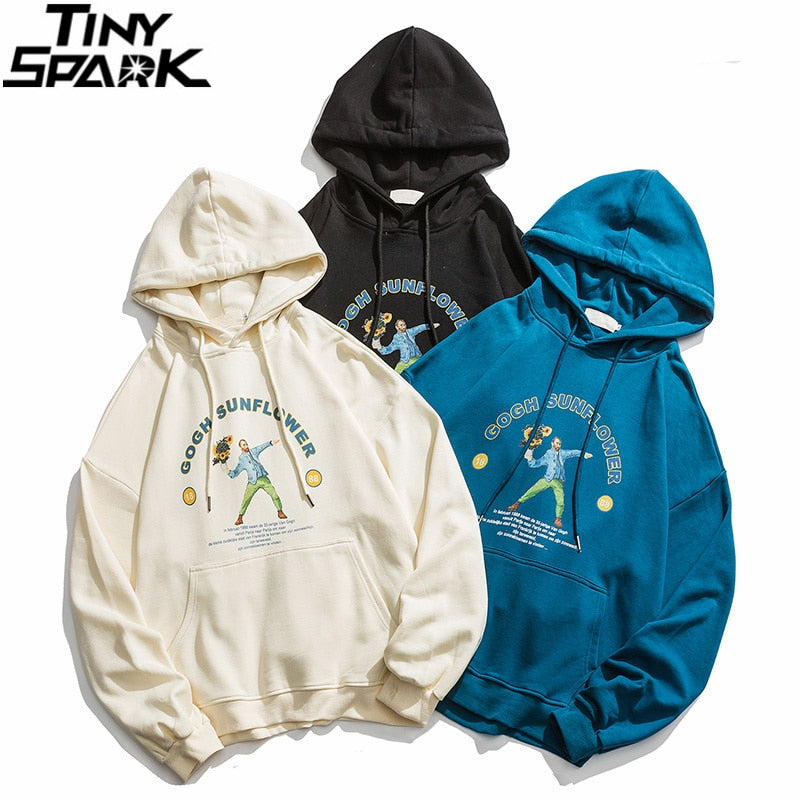 Men Hip Hop Funny Hoodie Sweatshirt Van Gogh Sunflower Harajuku Streetwear Hooded Pullover Cotton Autumn Retro Hoodie Beige | Vimost Shop.