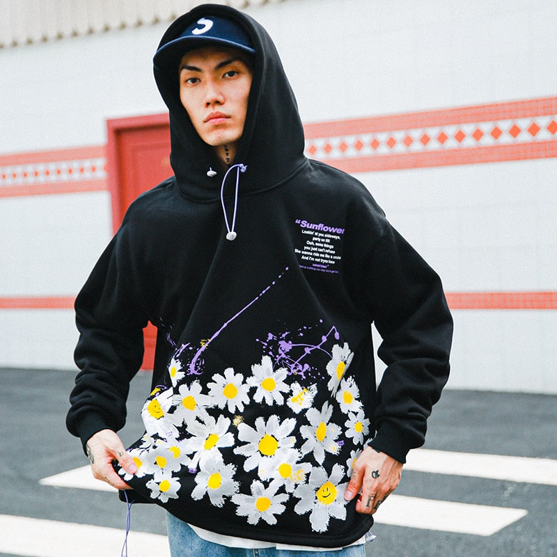 Men Hip Hop Hoodie Sweatshirt Sunflower Harajuku Floral Hoodie Streetwear Casual HipHop Loose Hooded Pullover Winter Autumn | Vimost Shop.
