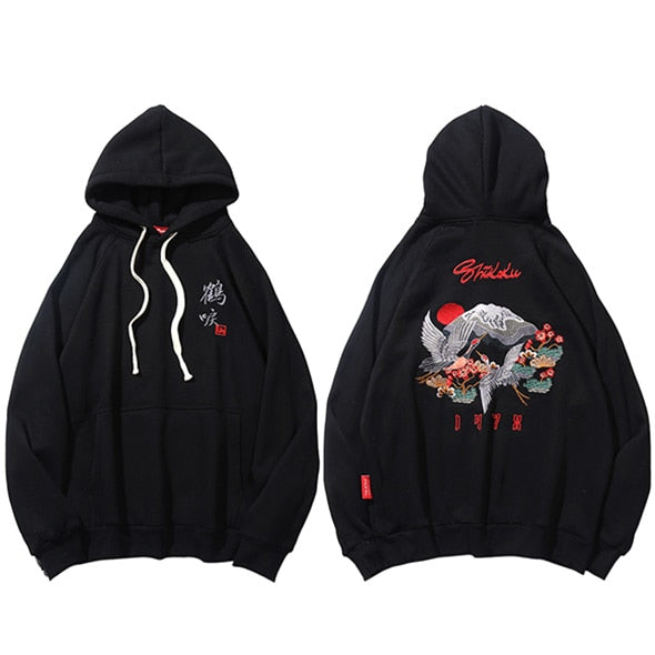 Men Hip Hop Streetwear Hoodie Harajuku Embroidery Crane Kanji Hoodie Sweatshirt Autumn Pullover Hoodies Japan Style Casual | Vimost Shop.