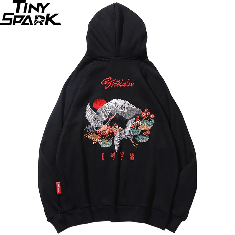 Men Hip Hop Streetwear Hoodie Harajuku Embroidery Crane Kanji Hoodie Sweatshirt Autumn Pullover Hoodies Japan Style Casual | Vimost Shop.