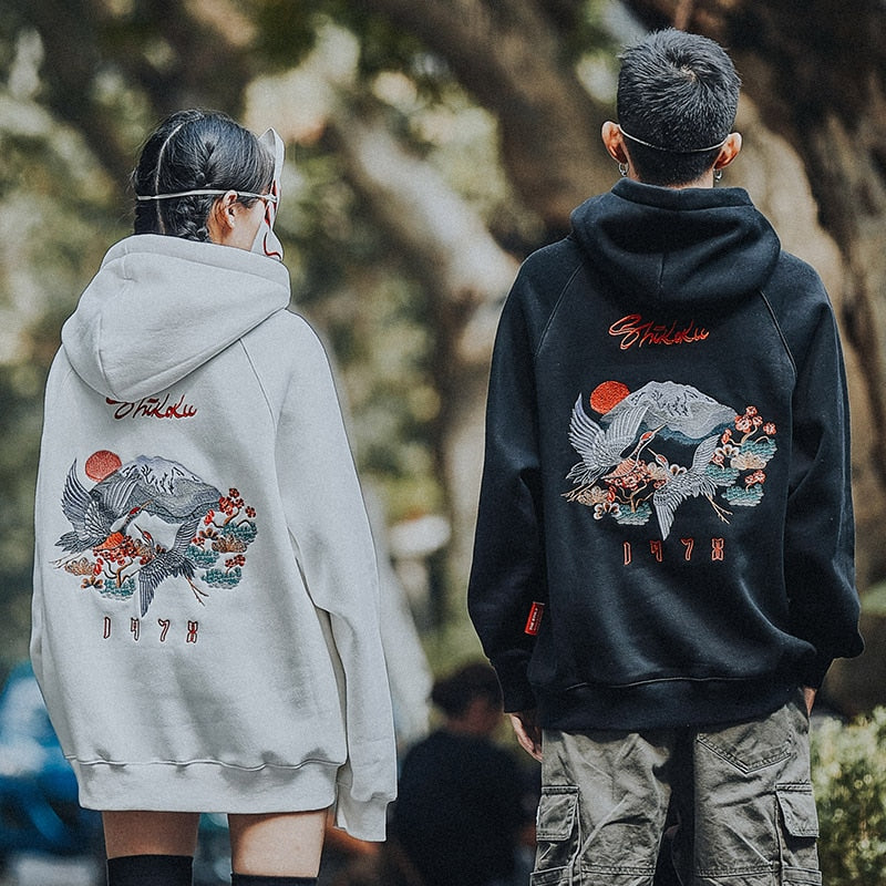 Men Hip Hop Streetwear Hoodie Harajuku Embroidery Crane Kanji Hoodie Sweatshirt Autumn Pullover Hoodies Japan Style Casual | Vimost Shop.