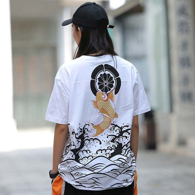 Men T Shirt Streetwear Japanese Harajuku Tshirt Koi Fish Wave Print Hip Hop T-Shirt Short Sleeve Summer Cotton Tops Tees | Vimost Shop.